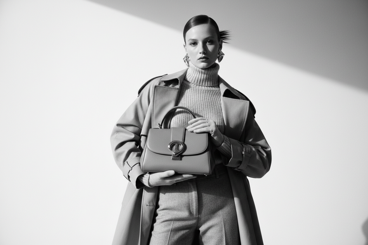 Black and white luxury fashion photograph focusing on a woman holding an elegant handbag, winter outfit, minimalist studio background, soft professional lighting, high contrast, premium fashion editorial style, product-focused composition, ultra realistic, no color, no text, no logo