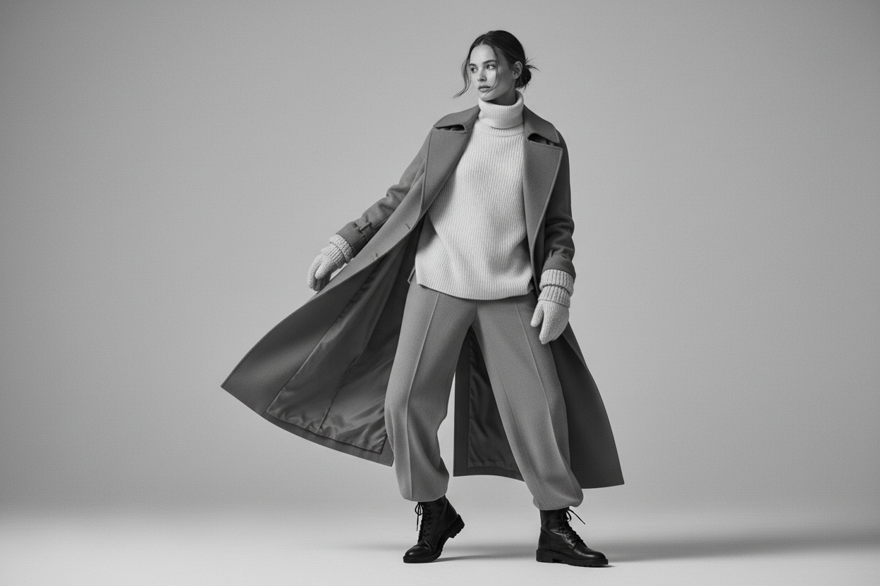 Minimalist black and white fashion photo of a woman wearing ready-to-wear winter clothing, relaxed pose, neutral studio background, soft light, elegant and timeless style, luxury brand look, editorial photography, high quality, monochrome only, no text, no logo ,monochrome only, black and white photography, no beige, no brown, no warm tones