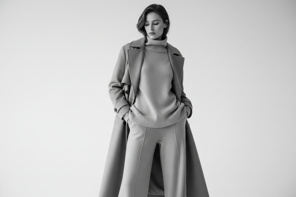 Minimalist black and white fashion photo of a woman wearing ready-to-wear winter clothing, relaxed pose, neutral studio background, soft light, elegant and timeless style, luxury brand look, editorial photography, high quality, monochrome only, no text, no logo