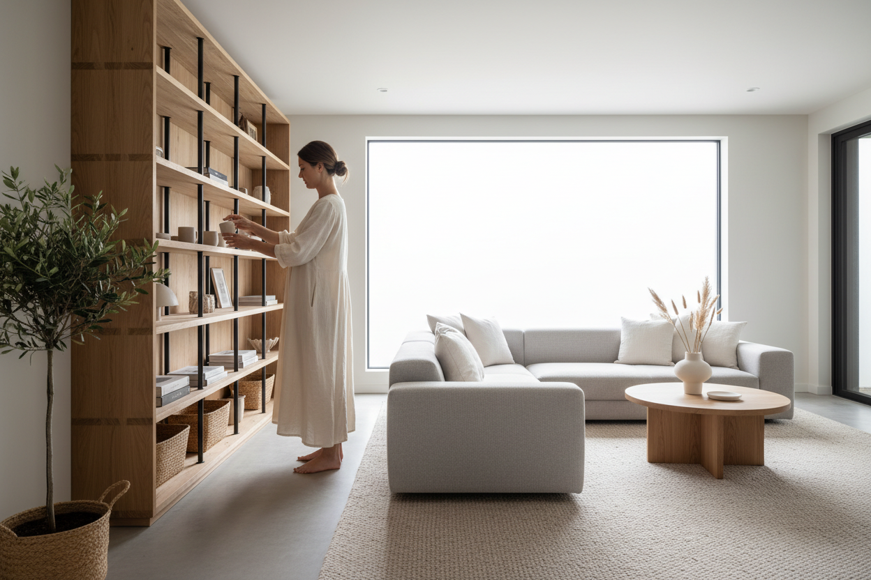 Minimalist lifestyle image representing everyday essentials for modern women.
Elegant woman in a calm home environment, focusing on daily routine and organization.
Soft neutral tones, clean and modern interior.
Premium, simple and feminine aesthetic.
No text, no logo, high quality.
