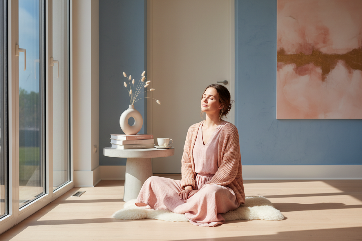 Soft feminine lifestyle image for a modern women’s concept store.
Relaxed woman enjoying a calm moment, focus on well-being and self-care.
Warm pastel colors, elegant and soothing mood.
Minimalist, premium look, natural light, modern interior.
No text, no branding, high resolution.
